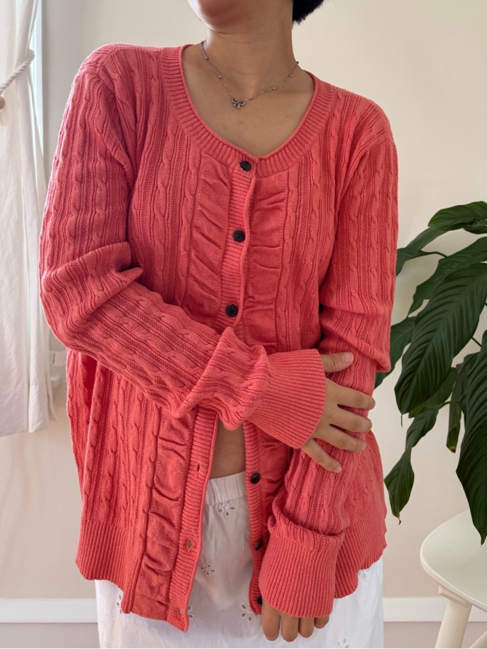 Eddie Bauer Cotton Blend Cable Knit Ruffle Accent Coral Pink Cardigan Size XL